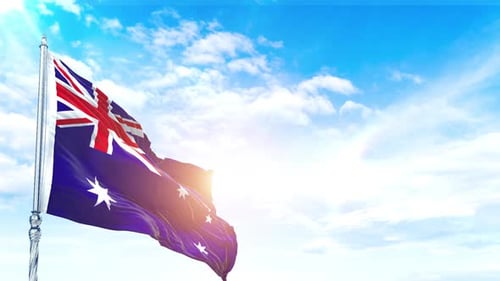 Realistic Australian Flag Waving Against Blue Sky