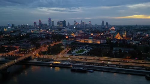 Panorama of the Old Town and downtown Warsaw over Vistula river. City Center. Europe. Aerial View