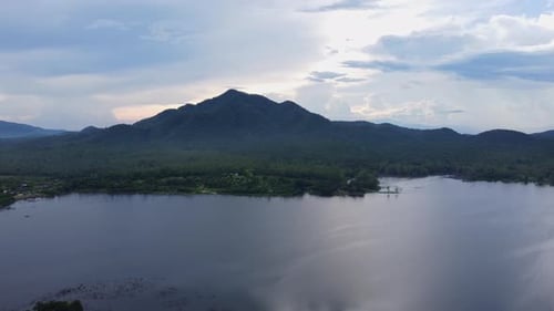 Aerial view of reservoir on tropical mountain background at sunset in northern Thailand. 5