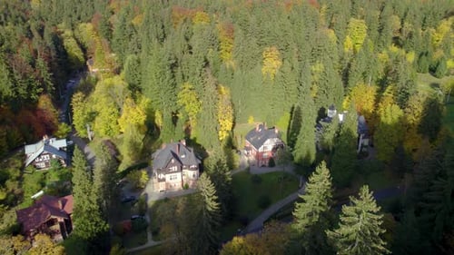 Luftfahrzeugaufnahme der Häuser im Schweizer Stil im wunderschönen Tal, versteckt im Bergwald