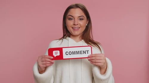 Young Woman Showing Banner Sign Like Comment Share Social Media Blogger Feedback Online Followers