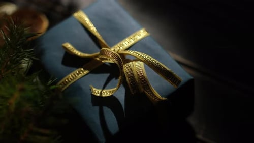 Christmas Gift Wrapped in Blue with Gold Ribbon