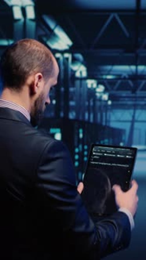Man Works on Tablet in Data Center