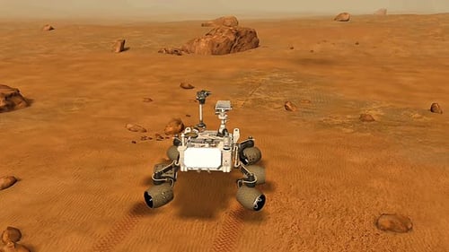 Mars Rover Laser Rock Analysis on Red Planet Landscape