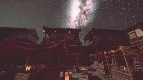 Nighttime View of Traditional Japanese Architecture Under a Starry Sky in Japan