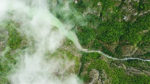 Summer Mountain Forest with River Top Down Aerial View Fly Over Sky and Clouds