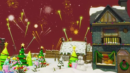 Colorful Fireworks and Falling Snow in Festive Christmas Village