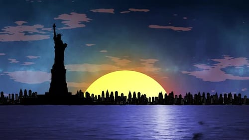 Water Animation With Silhouettes Statue Of Liberty And Buildings Animation With Sun Rising