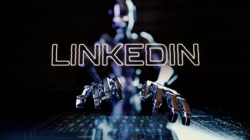 LinkedIn-Text animiert mit Ai-Roboter-Geschäftsmann, der auf einer futuristischen Tastatur v2 tippt