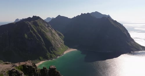 Amazing Aerial View Above Kvalvika Beach. Ryten Mountain Peak. Lofoten Islands, Norway
