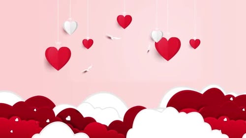 Floating Paper Cut Hearts with Clouds Romantic Background Loop