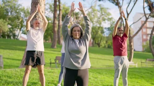 Senior Woman with Gray Hair Exercising with a Group in a Park