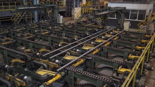 Steel Mill Steel Pipes Production Ready Pipes Transported on Production Line Heavy Industry Rolled