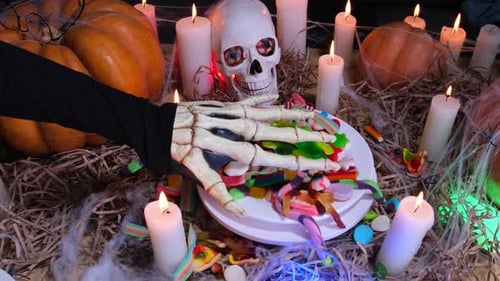 Creepy skeletal hands and pile of candy rotate among candles, skulls and large pumpkins
