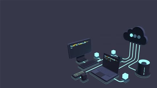 Animação de computação em tecnologia de nuvem. Tecnologia de nuvem moderna. Conceito isométrico de data center