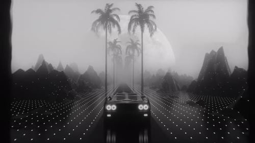 Schwarz-weißes Science-Fiction-Auto fährt schnell auf neongelber Landschaftsschleife