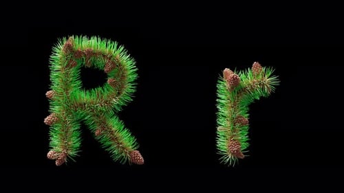 3D animation of letter R made from pine needles and cones. Alpha Channel.