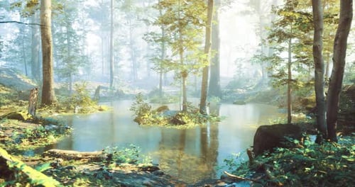 Serenity in a Tranquil Forest with a Calm Pond During the Morning Light