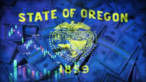 Oregon Flag On Economic Background With Decrease Bar Chart Graph And Arrow