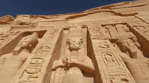 Close-Up of Pharaoh Statues and Hieroglyphics at Abu Simbel Temple, Egypt