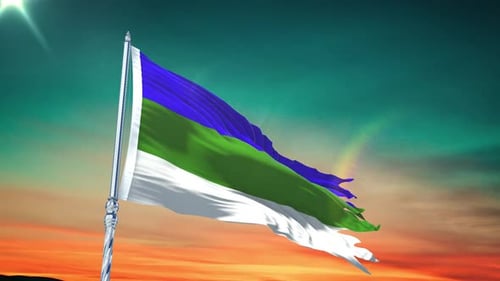 Blue Green White Waving Flag Animation on Sunset Sky