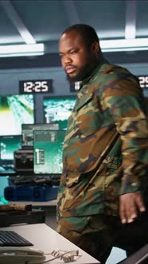 Vertical Video Officer Arriving at Work in Base of Operations Starting Enemy Assessment