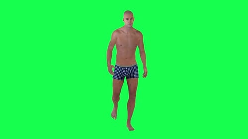 Naked bald man walking on green screen. Chroma Key with a blue bodybuilding shirt, rendering of 3D