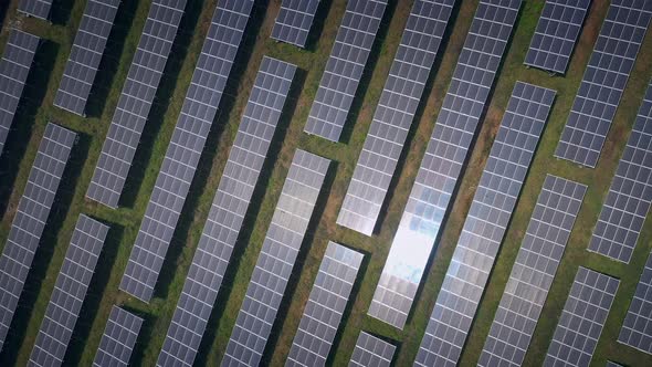 Aerial View Of Solar Panels (Solar Cell) With Sunlight. drone Flight ...