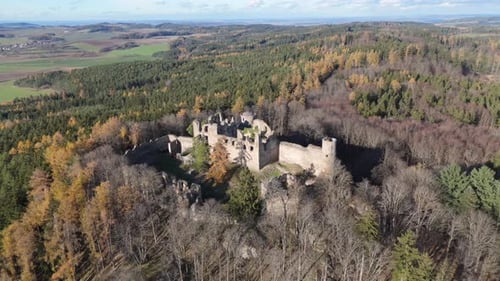 Aerial video above Helfenburk u Bavorova castle ruins aerial view in Czech Republic