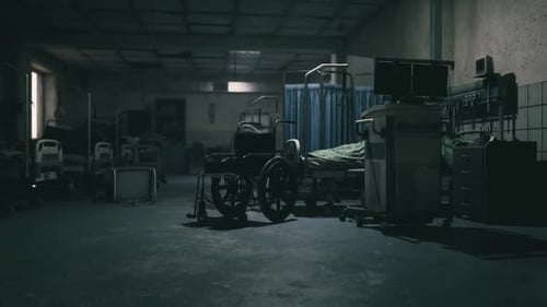 Abandoned Hospital Room with a Wheelchair and Medical Equipment in Dim Light