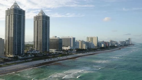 Aerial view of buildings along beach, United States.