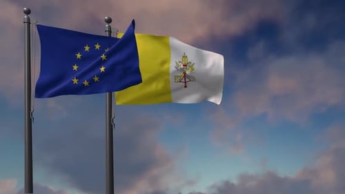 European Union and Vatican City Flags Waving Seamless Loop Animation