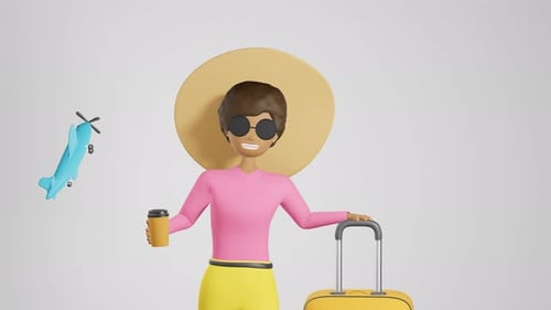 3D Animated Traveler Character with Luggage and Flying Airplane