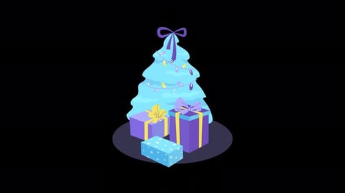 Christmas and New Year animation with ALPHA channel. Christmas tree, gifts, present boxes