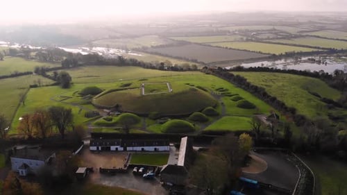 Knowth neolitic monument aerial birds eye shot. World Heritage site located near Drogheda, Ireland.