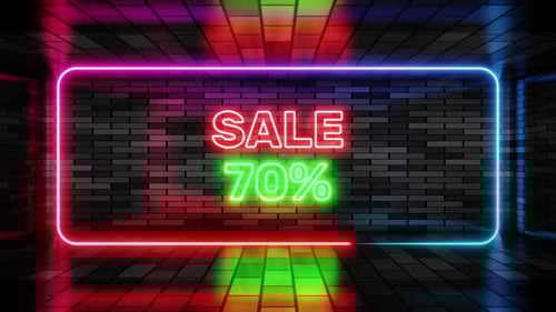 Dynamic Neon Sale Sign with Percentage in a Brick Corridor