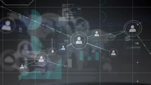 Animation of connected people icons with moving graphs data and information over a grid