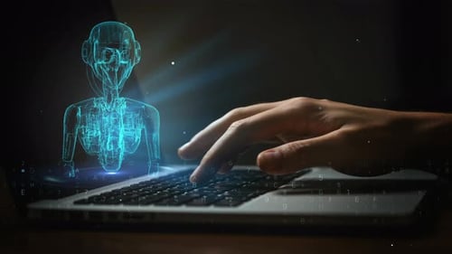 AI Assistant Hologram Human Body Display on Laptop Keyboard
