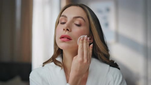 Serious Lady Cleaning Face in Bathroom Closeup Model Rubbing Skin Cotton Pad