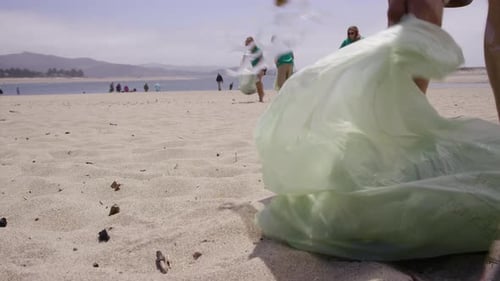 Freiwillige reinigen Müll und Schutt von einer wunderschönen Sandstrandküste