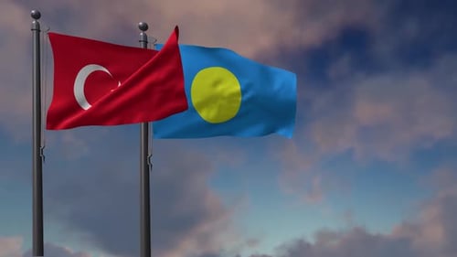 Waving Flags of Turkey and Palau Against a Cloudy Sky