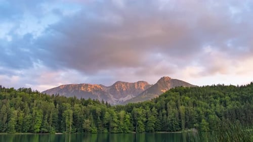 Sunset Time Lapse of Mountain Lake Alatsee Germany Wild Nature and Pine Forest