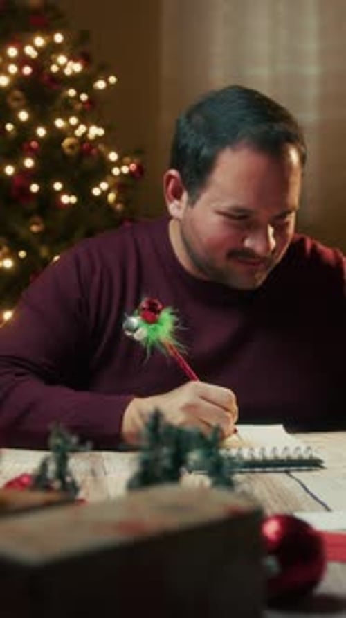 Young Man Writes Letter To Santa Claus On The Table Waiting For Christmas