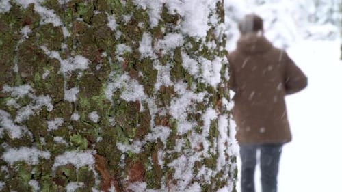 Caucasian man in casual winter clothing walking along snowy path in german Harz mountains while it i