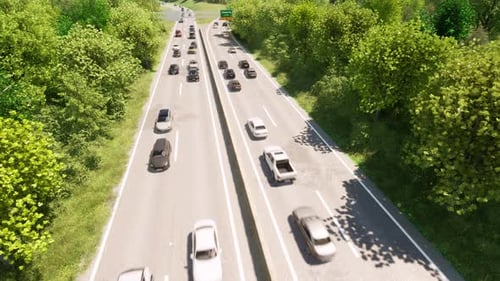 Autobahn mit zwei Fahrspuren in beide Richtungen, in einem Wald, an dem Autos vorbeifahren, 3D-Animation per Perspe