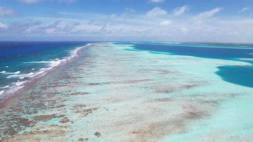 Lebendiges Korallenriff neben azurblauem Wasser unter klarem Himmel, Vorwärtsaufnahme, Luftaufnahme