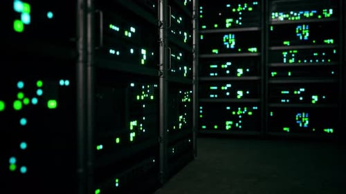 Modern Server Room with Supercomputers Light