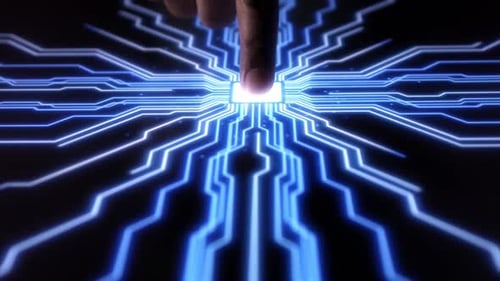 Finger Touch Activates Glowing Futuristic Circuit Board Animation