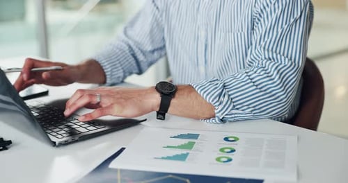 Businessman, hands or laptop with documents for finance, accounting or statistics in office