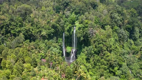 Aerial View Of Stunning Sekumpul Waterfall In The Lush Jungle In Bali Indonesia